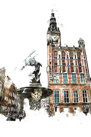 Watercolor sketch or illustration of a beautiful view of the architecture of the city of Gdansk in...