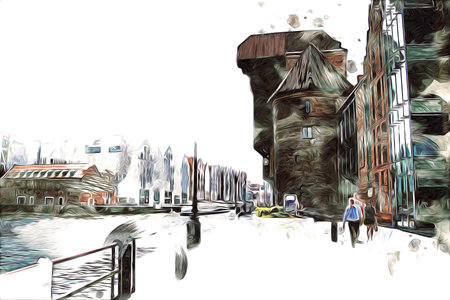 Watercolor sketch or illustration of a beautiful view of the architecture of the city of Gdansk in...