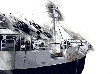 Military ship goes through the rough atlantic sea illustration vintage retro art drawing