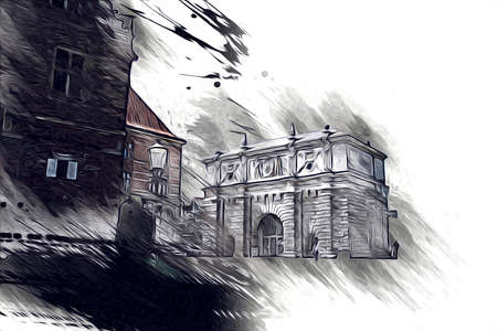 Watercolor sketch or illustration of a beautiful view of the architecture of the city of Gdansk in Polandの写真素材
