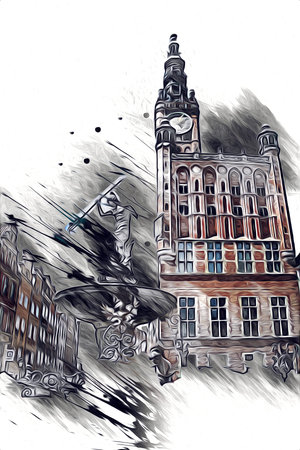 Watercolor sketch or illustration of a beautiful view of the architecture of the city of Gdansk in...