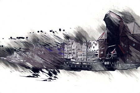 Watercolor sketch or illustration of a beautiful view of the architecture of the city of Gdansk in Polandの写真素材