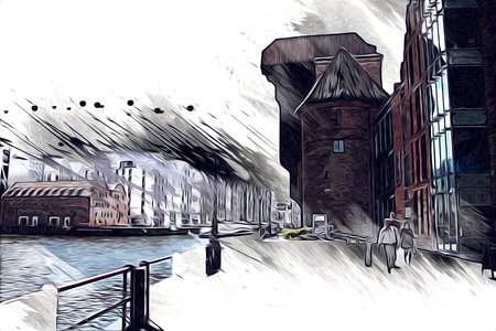 Watercolor sketch or illustration of a beautiful view of the architecture of the city of Gdansk in...