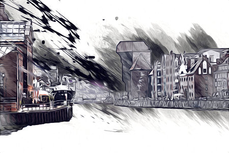 Watercolor sketch or illustration of a beautiful view of the architecture of the city of Gdansk in...