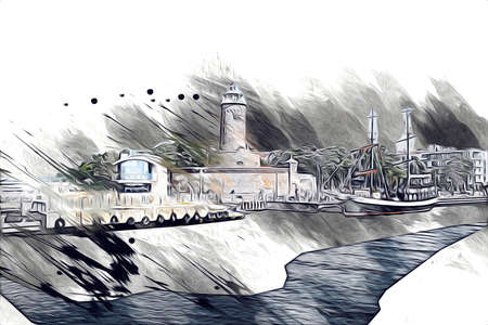 hand drawn watercolor lighthouse illustration art vintage drawing sketchの写真素材