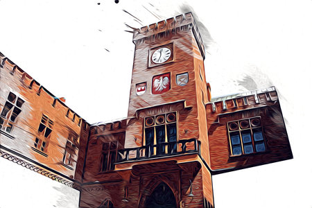 kolobrzeg old city, town hall, poland art illustration drawing sketch