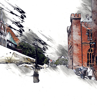 kolobrzeg old city, town hall, poland art illustration drawing sketch