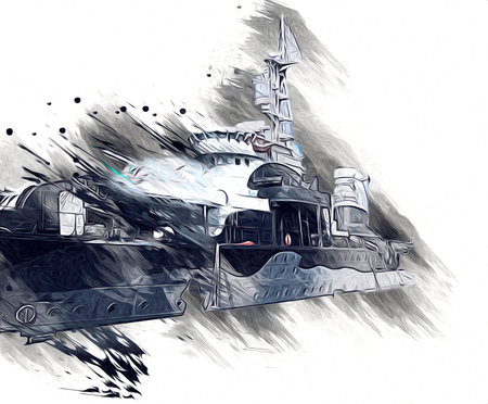 Battleship sea illustration antique vintage art drawingの写真素材
