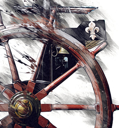 Symbol of adventure voyage, tourism, outdoor. Hand drawn retro steering wheel illustration