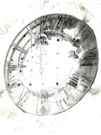 The dials of the old antique classic clocks on a vintage paper backgroundの写真素材