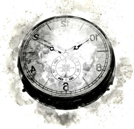 The dials of the old antique classic clocks on a vintage paper backgroundの写真素材