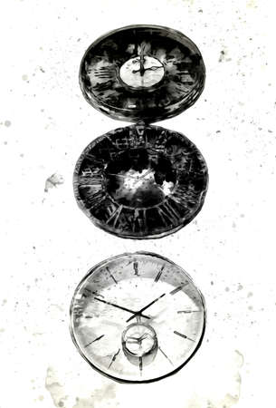 The dials of the old antique classic clocks on a vintage paper backgroundの写真素材