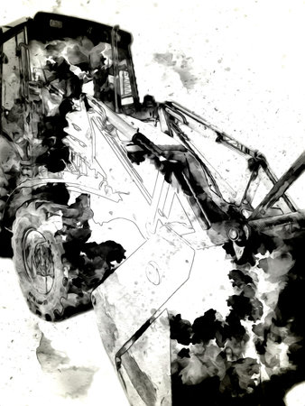 Excavator tractor illustration color isolated art work antique old