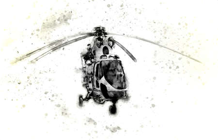 military helicopter drawing illustration art vintageの写真素材