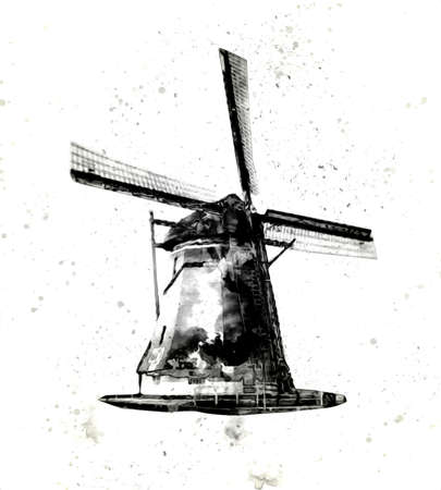 windmill old retro vintage drawing illustration artの写真素材