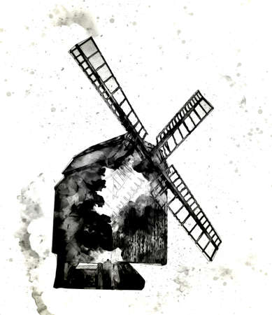 windmill old retro vintage drawing illustration artの写真素材