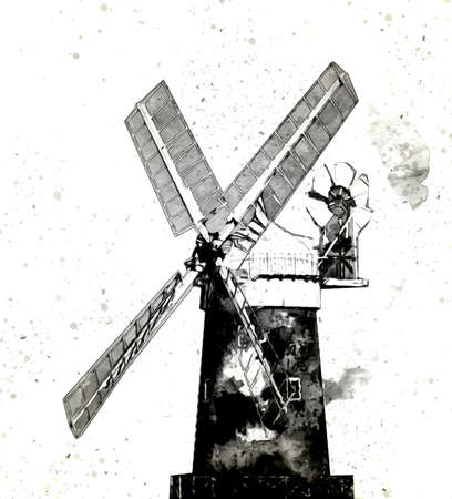 windmill old retro vintage drawing illustration artの写真素材