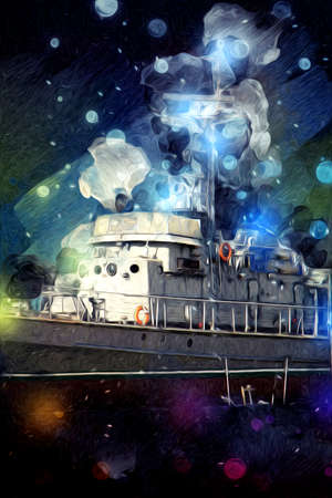 Military ship goes through the rough atlantic sea illustration vintage retro art drawingの写真素材