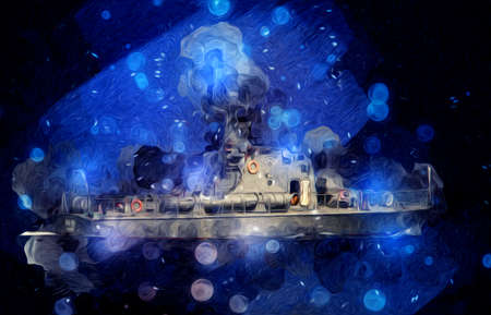 Military ship goes through the rough atlantic sea illustration vintage retro art drawingの写真素材