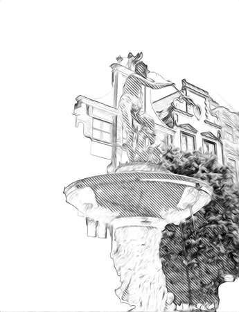 Watercolor sketch or illustration of a beautiful view of the architecture of the city of Gdansk in Polandの写真素材