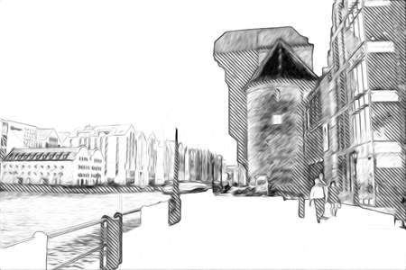 Watercolor sketch or illustration of a beautiful view of the architecture of the city of Gdansk in Polandの写真素材