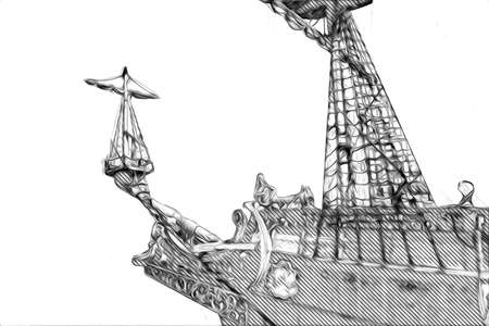 Pirate ship sailing on the sea illustration art drawing sketch vintageの写真素材