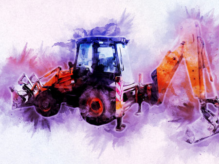 Excavator tractor illustration color isolated art work antique old