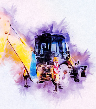Excavator tractor illustration color isolated art work antique old