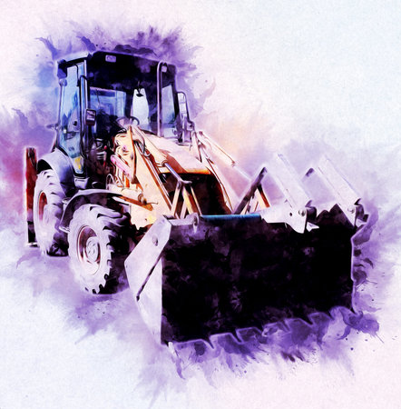 Excavator tractor illustration color isolated art work antique old