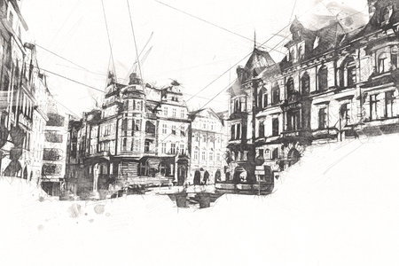 Klodzko city town from the air fort art illustration retro vintage antique sketchの写真素材