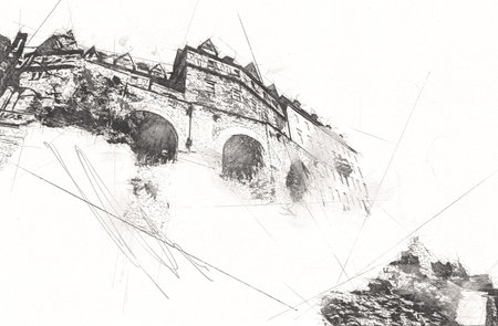 Ksiaz Castle Poland silesia art retro illustration, art, drawing, sketch, paintingの写真素材
