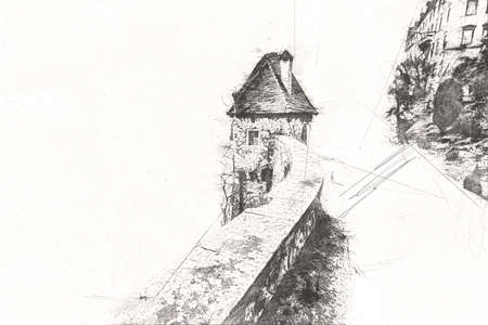 Ksiaz Castle Poland silesia art retro illustration, art, drawing, sketch, paintingの写真素材