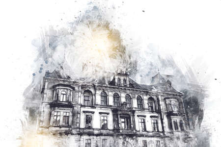 Klodzko city town from the air fort art illustration retro vintage antique sketchの写真素材