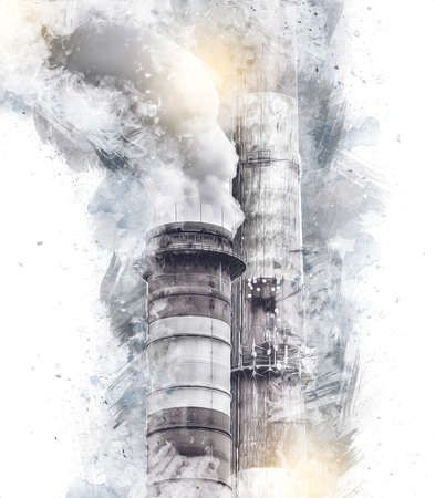 Chimneys and silos of a factory photography illustration emotionの写真素材