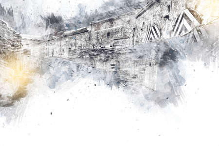 Klodzko stronghold from the air fort art illustration retro vintage antique sketchの写真素材