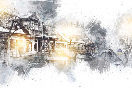 Wooden architecture of Zakopane at day, Poland, illustration art drawing sketchの写真素材