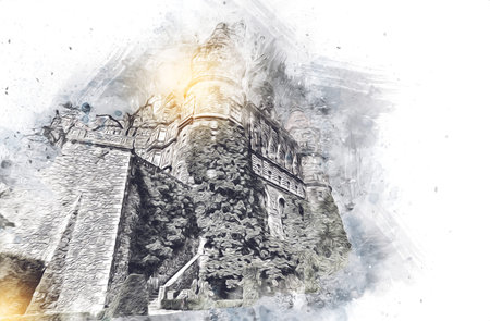 Ksiaz Castle Poland silesia art retro illustration, art, drawing, sketch, painting