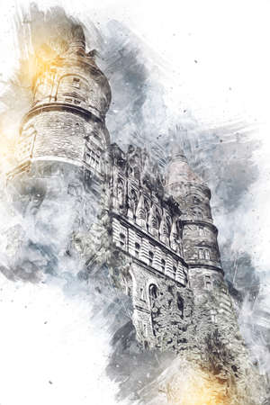 Ksiaz Castle Poland silesia art retro illustration, art, drawing, sketch, paintingの写真素材