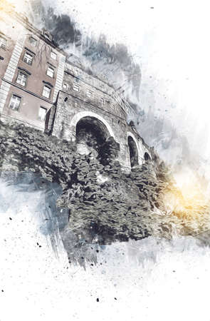 Ksiaz Castle Poland silesia art retro illustration, art, drawing, sketch, paintingの写真素材