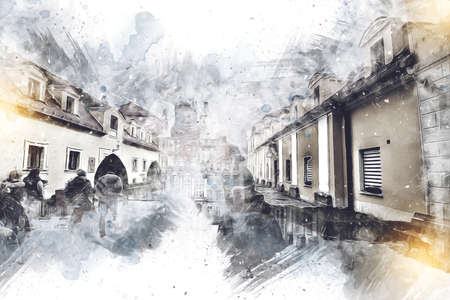 Ksiaz Castle Poland silesia art retro illustration, art, drawing, sketch, paintingの写真素材