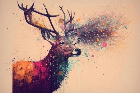 Double exposure of a red deer head with colorful paint splashes.の素材