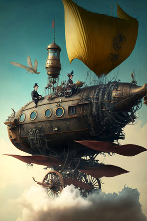 Fantasy airship in the sky with clouds. 3d renderingの素材