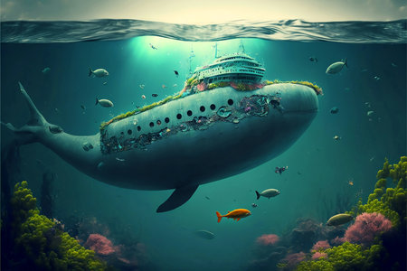 underwater world. Underwater world with a whale. 3d renderingの素材