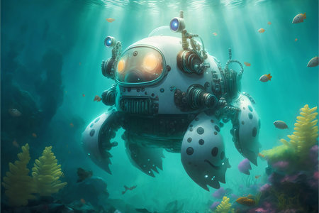 underwater world. 3D render of an underwater world with a diver.の素材