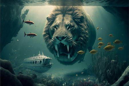 Lion and ship in the deep sea. 3D rendering.の素材