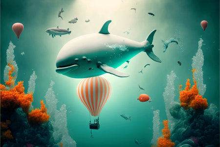 Whale flying in the sky with hot air balloon. 3D renderingの素材