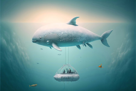 Underwater world with whale floating in the airship. 3d rendering