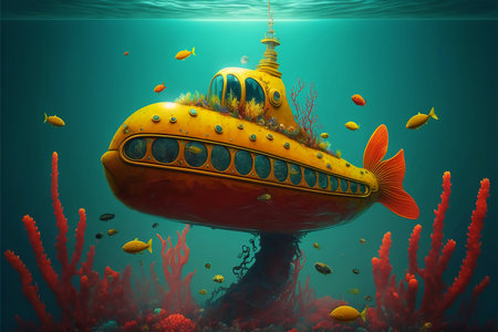 Yellow submarine in deep blue sea. 3D rendering. fantasy illustrationの素材