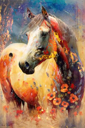 Horse with flowers in watercolor style. Digital painting on canvas.の素材