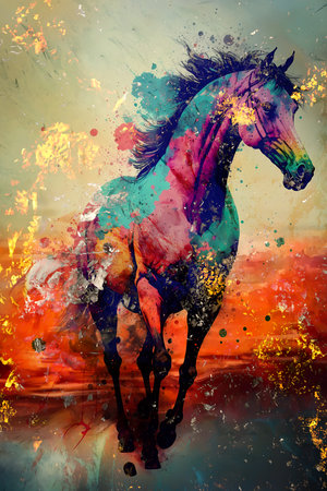 Colorful horse painting with grunge effect. Horse painting with grunge effectの素材